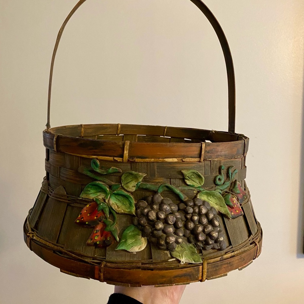 Vintage Decorative Woven Basket with Fruit Appliqué - Green and Brown
